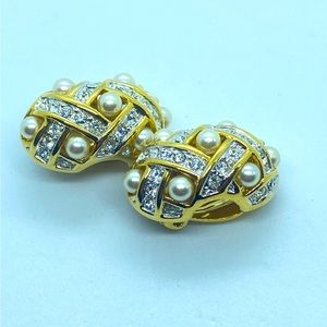 Vintage Gold Tone Faux Pearl and Rhinestone Criss Cross Huggie Clip Earr…